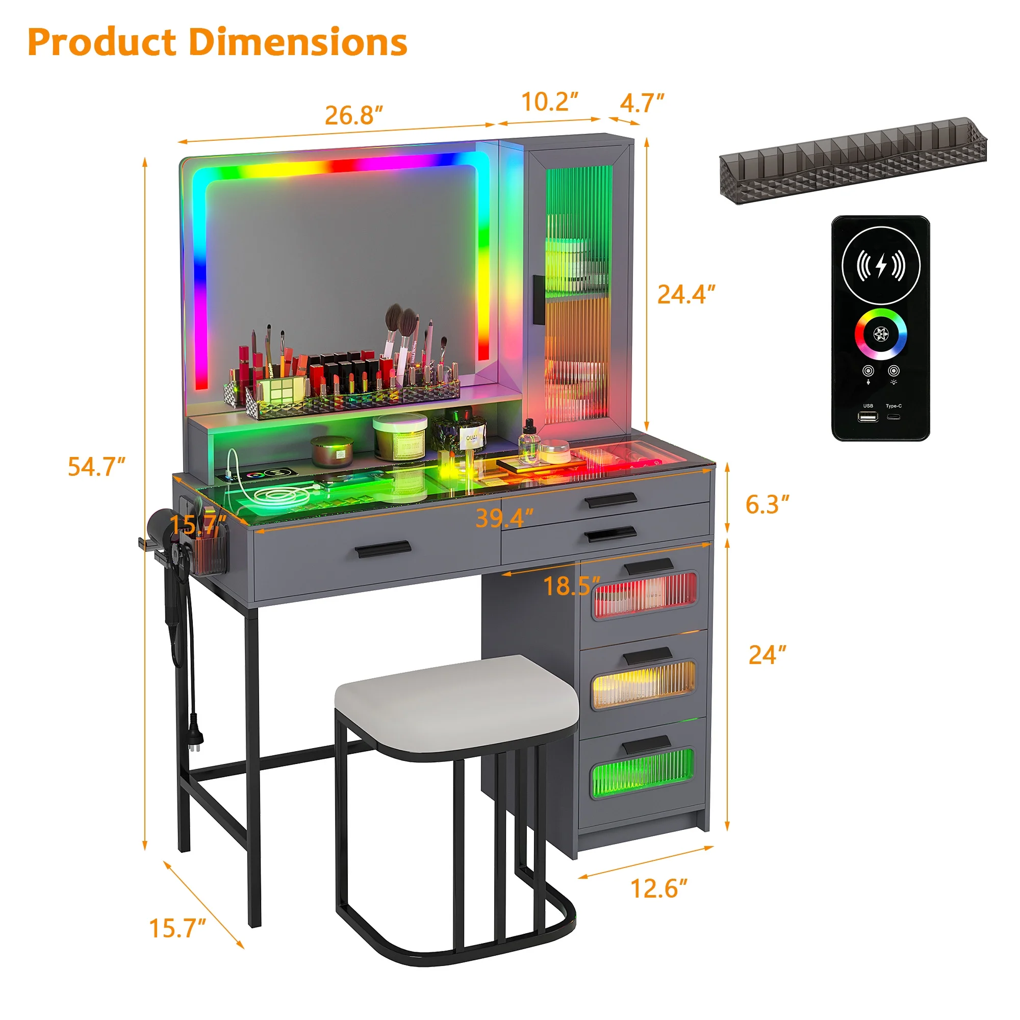 HNEBC Vanity Desk with Mirror and RGB Lights, Glass Top Makeup Vanity with Auto Sensor Lights and Wireless Charging, Vanity Table Set with Cushion Stool, Dressing Table with 6 Drawers (Grey)