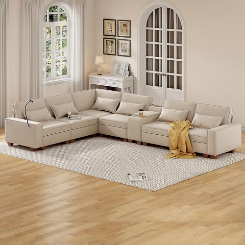 Modular Sectional Sofa, Convertible U Shaped Sofa Couch with Central Console & USB Ports, 7 Seat Modular Sectionals Couch with Chaise and Storage for Living Room, Light Grey