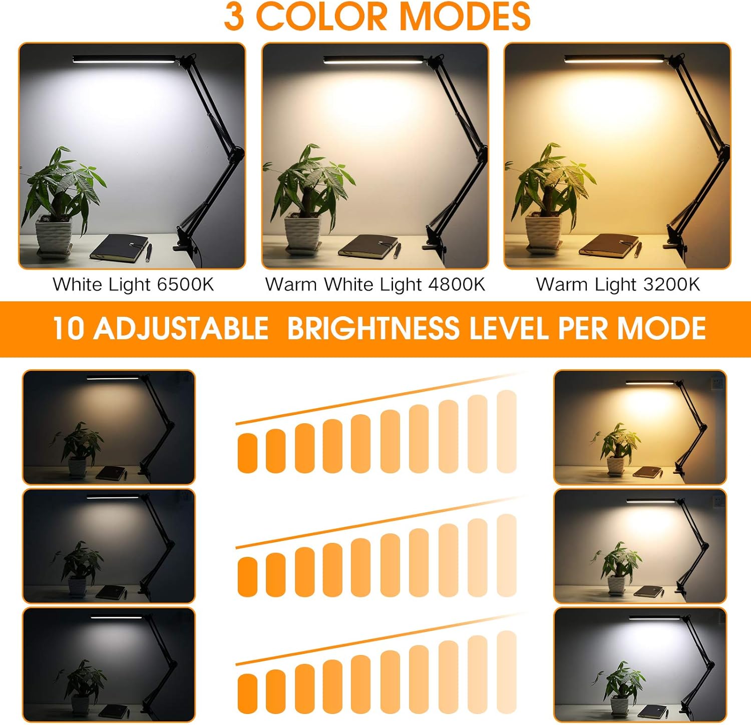 LED Desk Lamp, ENOCH 14W Eye-Caring Metal Swing Arm Desk Lamp with Clamp, 3 Modes, 30 Brightness Dimmable Clamp Desk Light with Memory Function/USB Adapter, Architect Table Desk Lamps for Home Office