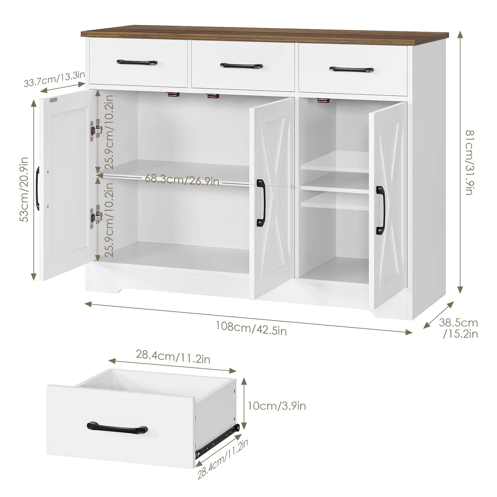 Homfa 42.5‘’ Kitchen Buffet Sideboard Cabinet, 3 Drawers Farmhouse Coffee Bar Storage Cabinet with Adjustable Shelf, White - Curated Treasures Market
