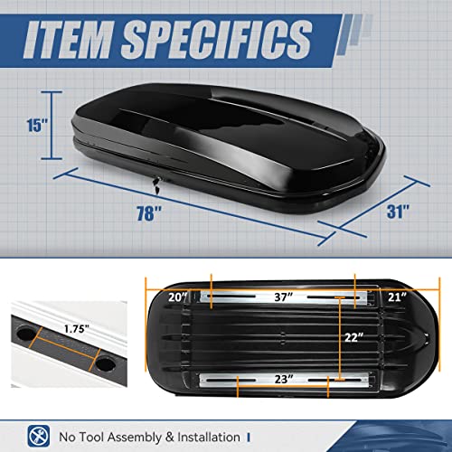 Auto Dynasty Hard Shell Roof Top Mount Car Storage Travel Luggage Box Cargo Carrier, 53 (L) x 34 (W) x 15 (H) Inches, Capacity 110 Pounds, 11 Cubic Feet (Tool-Free Install), Glossy Black Finish