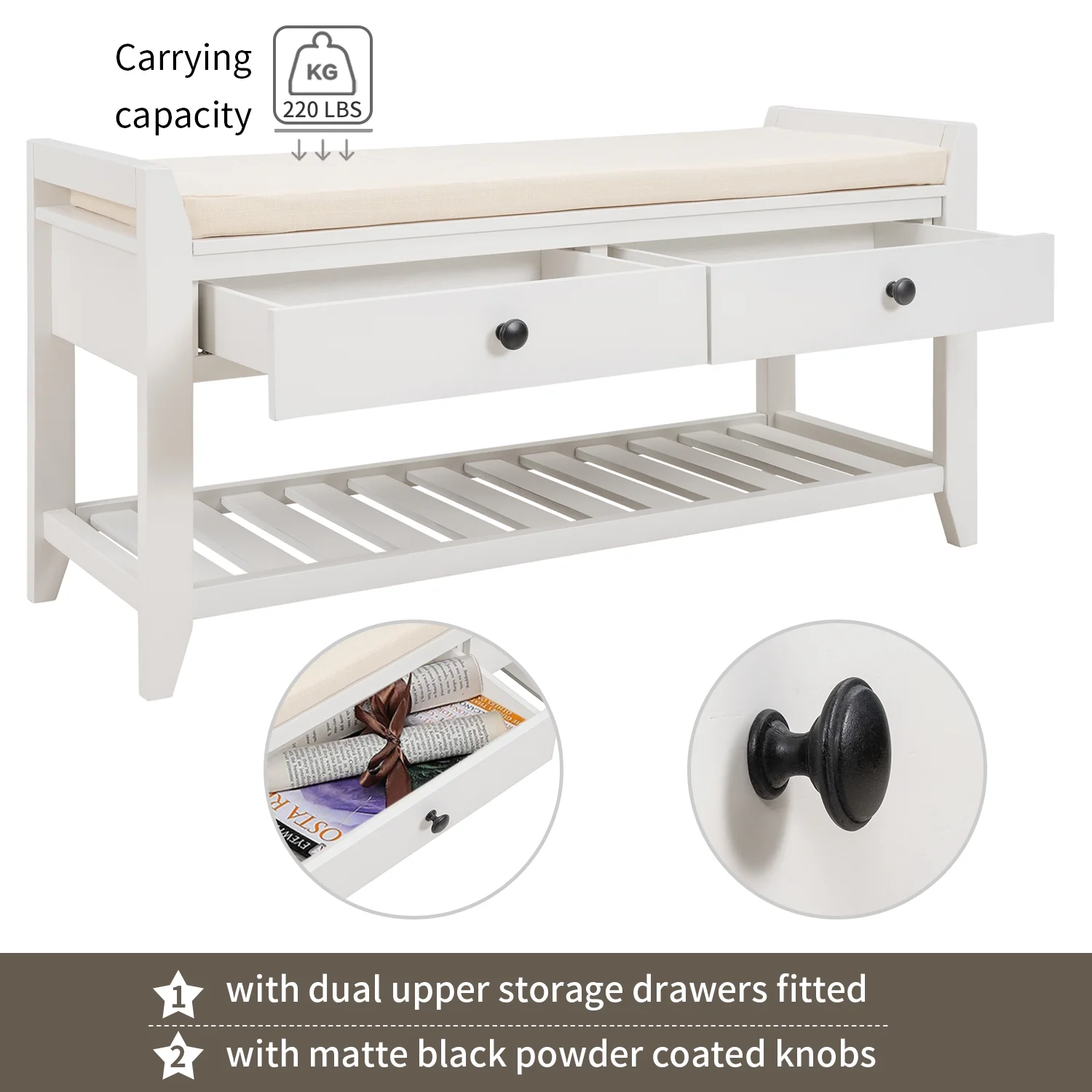 Shoe Rack with Cushioned Seat and Drawers, Multipurpose Entryway Storage Bench,White