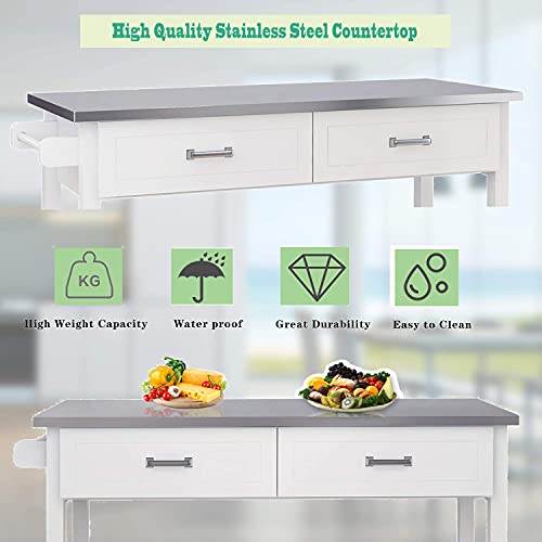 RASOO Kitchen Island Cart on Wheels Trolley White Stainless Steel Top Rolling Kitchen Island Cart with Open Shelves and One Big Drawer Towel Rack Kitchen Island Cabinet with Lockable wheels, 39.37"x18.5"x35.83"(LxWxH）