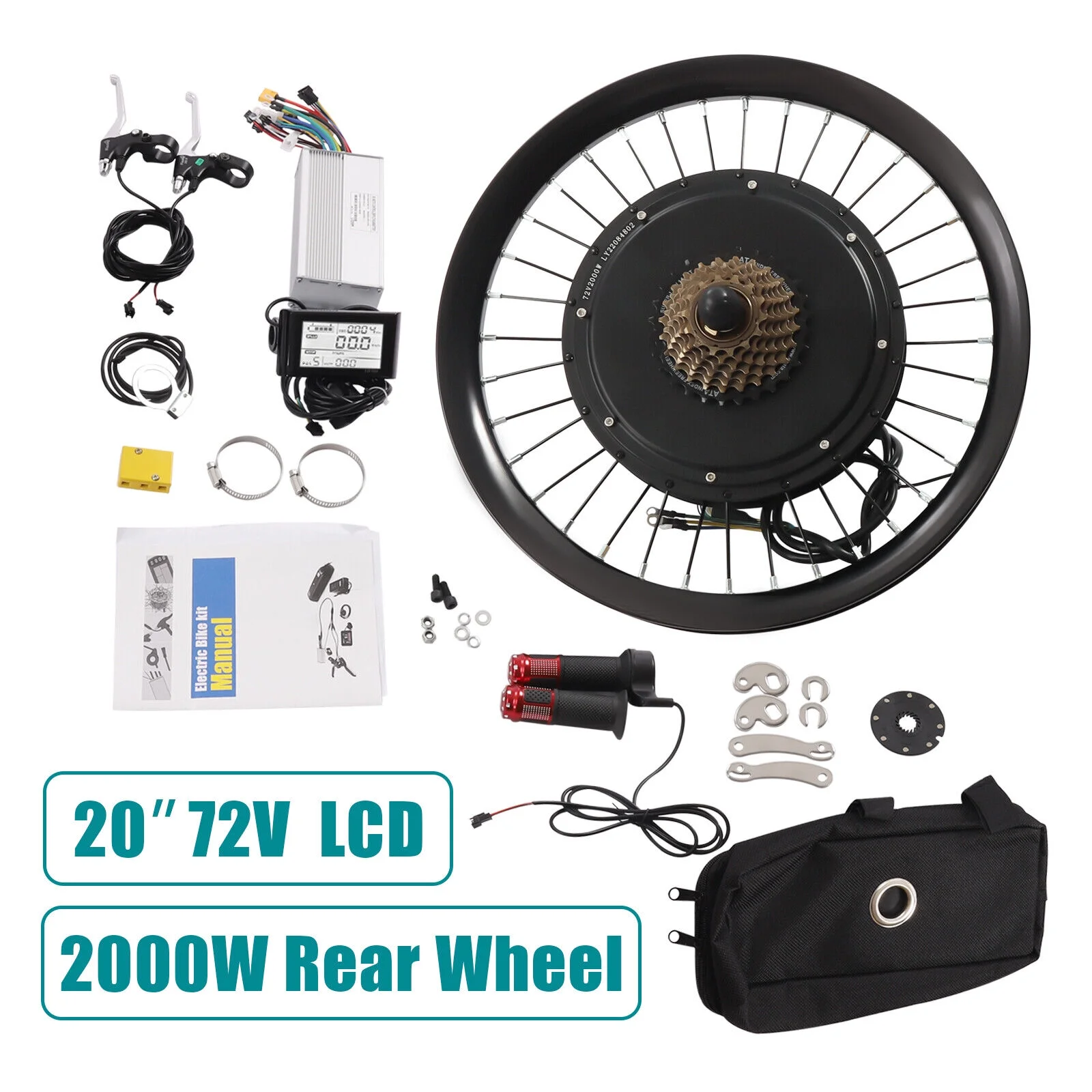 60N.M 20'' Rear Wheel Electric Bicycle Conversion Kit E Bike Motor LCD 72V 2000W fits 20-inch Bikes 560rpm
