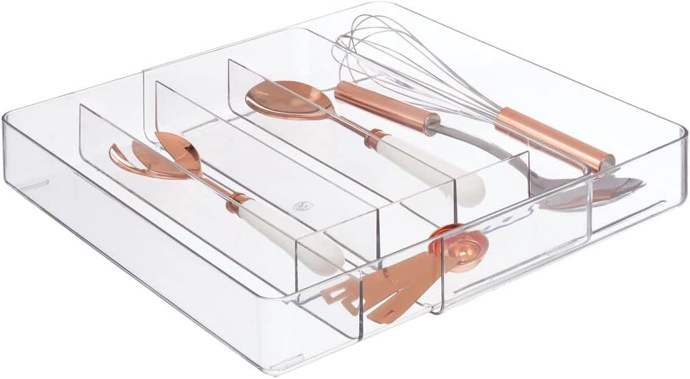 mDesign Adjustable, Expandable Plastic Kitchen Cabinet Drawer Storage Organizer Tray - for Storing Organizing Cutlery, Spoons, Cooking Utensils, Gadgets - Clear