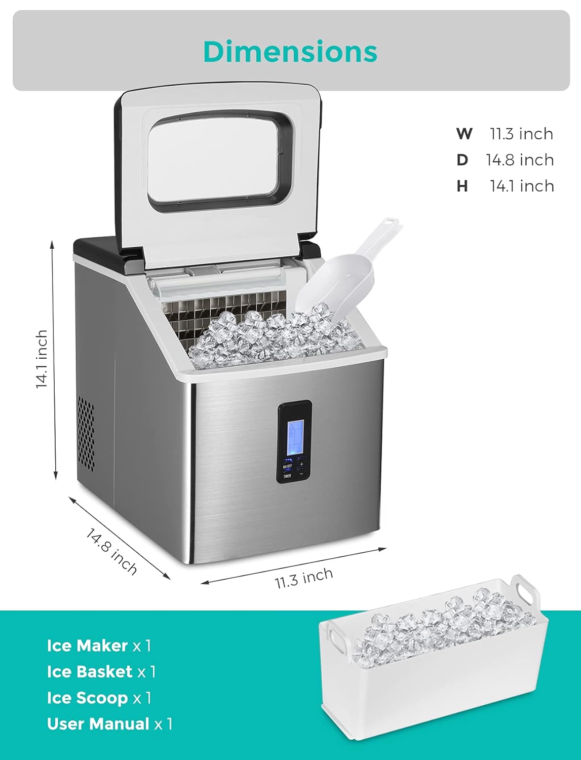 Ice Maker Countertop, 24 Cubes Ready in 15 Mins, 40lbs in 24Hrs,ice Machine with Ice Scoop for Home, Kitchen, Camping, RV, Bar