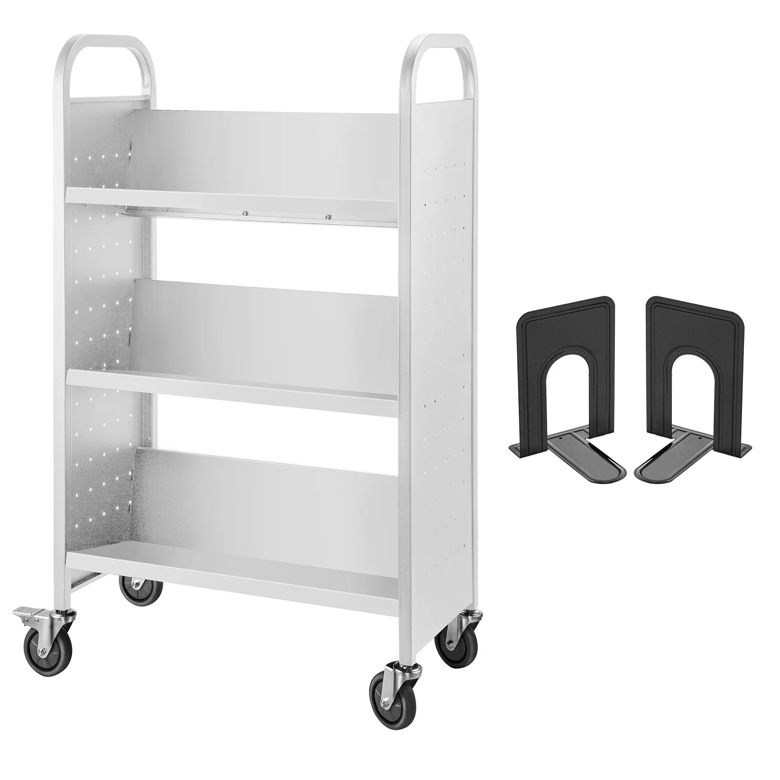 VEVOR Book Cart Single Sided V-Shaped , Rolling Book Cart with 4 inch Lockable Wheels, for Home Shelves Office and School Book Truck in White - Curated Treasures Market