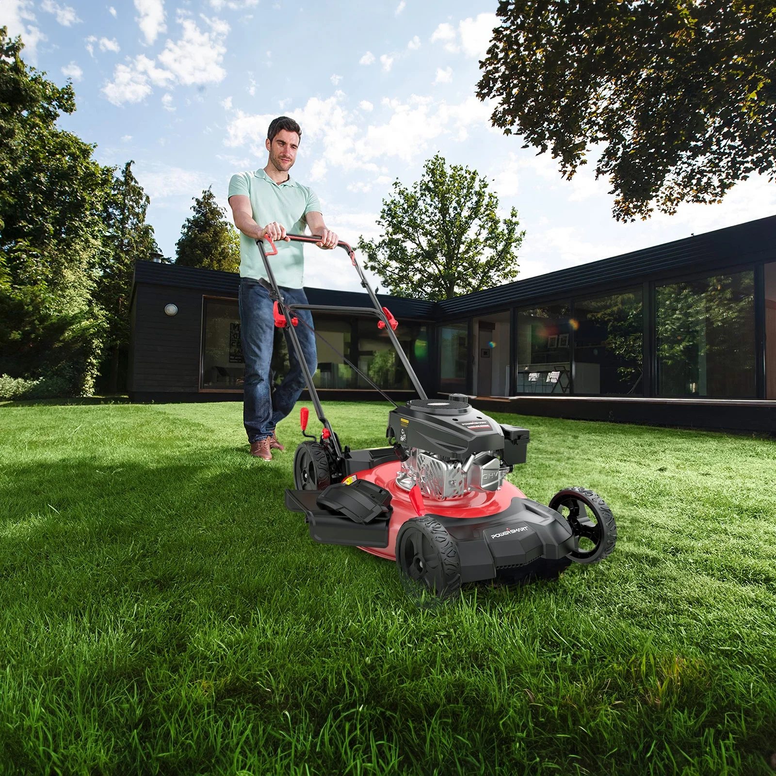 PowerSmart Gas Lawn Mower, 21 inches 144cc 2-in-1 Walk-Behind , Side Discharge Push Lawn Mower