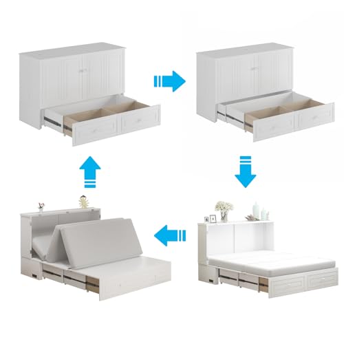 Mjkone Murphy Bed Cabinet, Queen Size Cabinets Bed Chest with USB Charging Station & Tri-Folding Mattress, Wall Beds with Storage Drawers for Guest Bedroom Apartment Office, Easily Convertible, White
