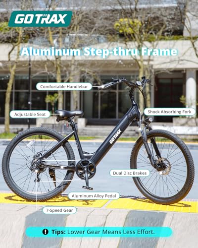 Gotrax Dolphin 26" Electric Bike, Max Range 30Miles(Pedal-assist1) & 20Mph Power by Peak 500W, 5 Pedal-Assist Levels & Front Suspension, 7-Speed&Boost Mode, City E-Bike for Adult, Step-Thru Bicycle