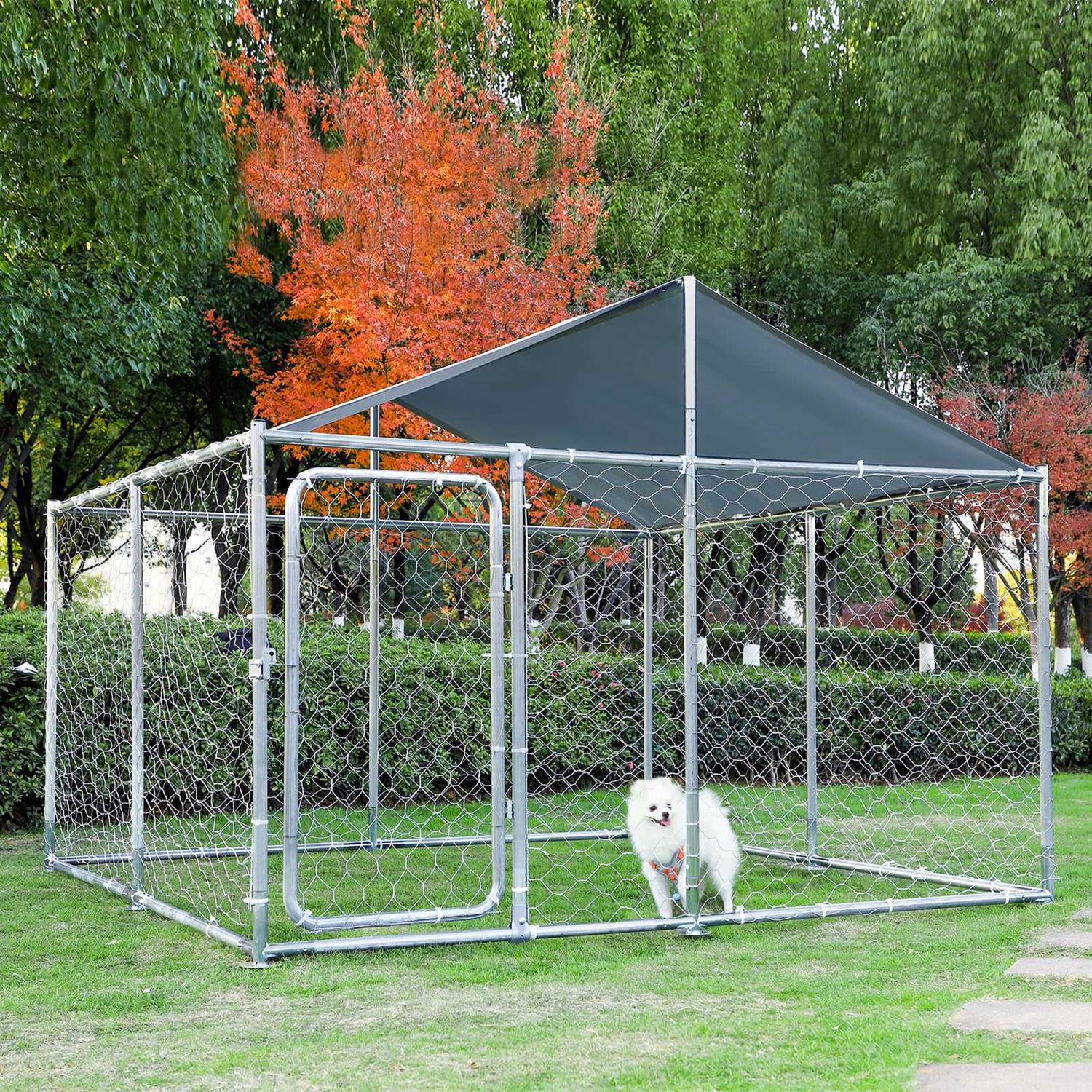 Magic Union Dog Cage Metal Outdoor Pet Playpen Wire Kennel with Water-Resistant Cover Roof, Size: 90.00 x 90.00 x 45.00, Silver - Pet Supplies online store