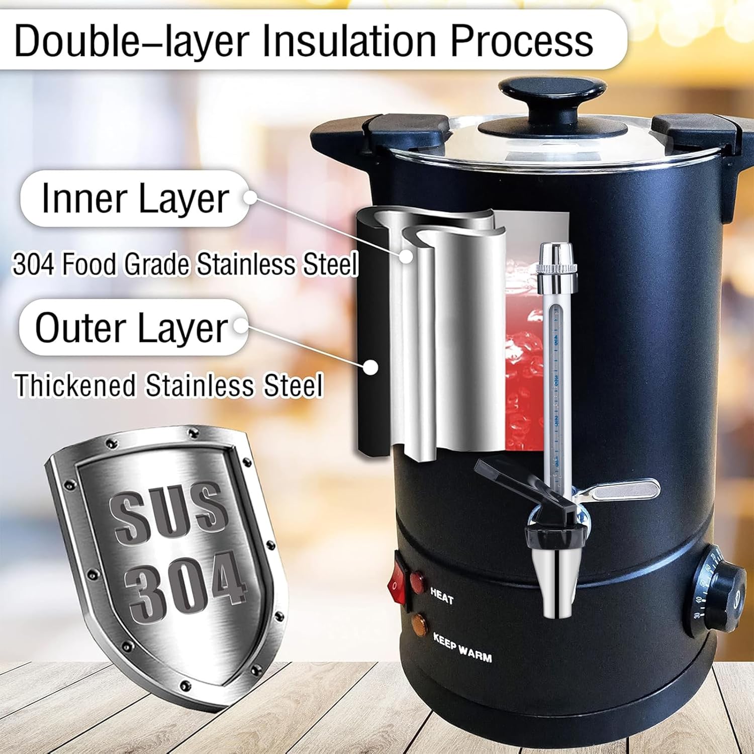 Commercial Coffee Urn 304 Grade Stainless Steel Percolate Coffee Pot Coffee Maker Hot Water Urn 1600W Hot Drink Dispenser for Catering, 50-Cup 8 L (Black)