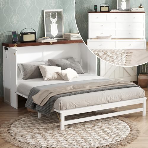 Queen Murphy Bed Cabinet, Murphy Bed Queen with Storage Drawer & Charging Station, USB Port, Solid Pine Wall Beds for Home Office, Studio or Guest Room, White