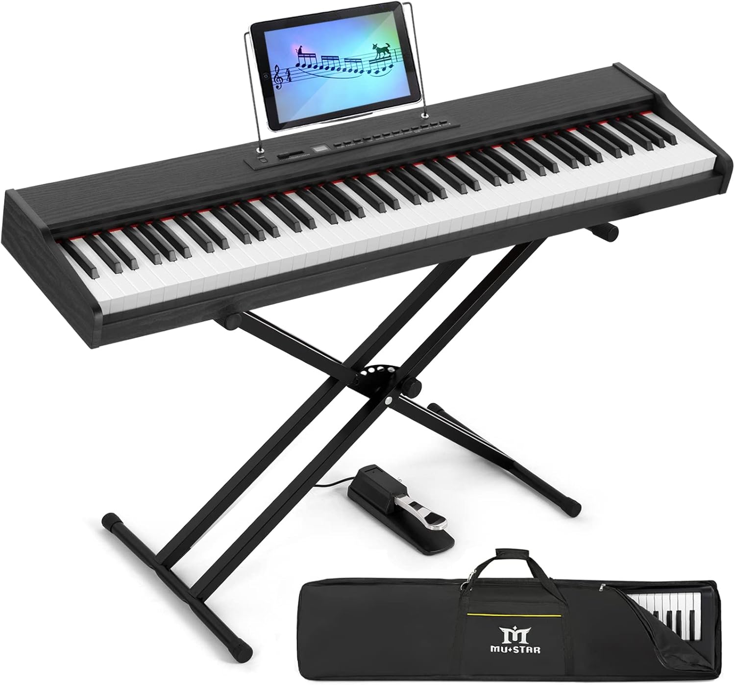MUSTAR Digital Piano 88 Weighted Keys with Stand Touch Sensitivity, Piano Keyboard 88 Keys Semi Weighted Electric Piano with Bluetooth Connection, Portable Case, Sustain Pedal, MDF, White