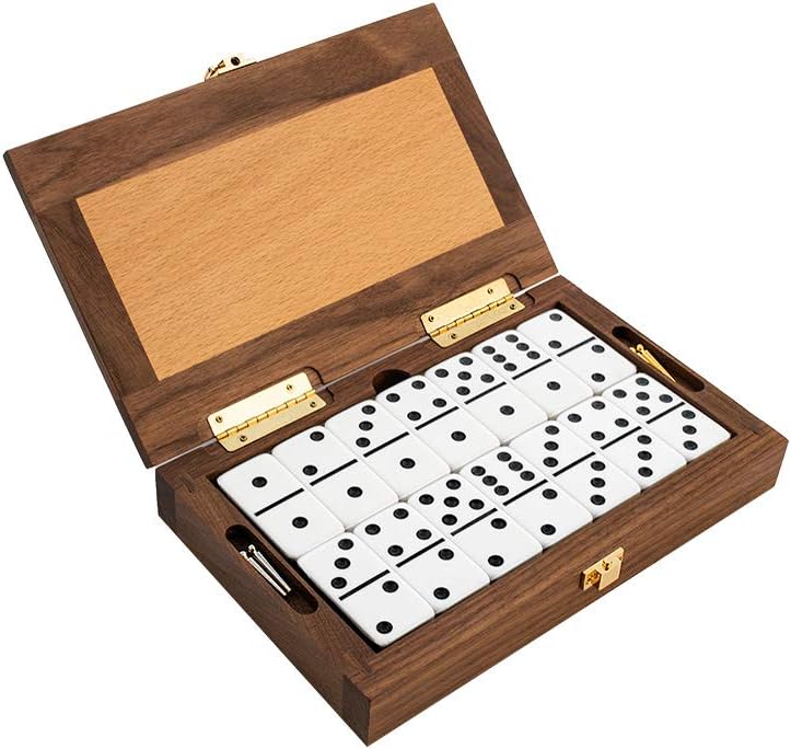 Club Alex Luxury Domino Set with Handcrafted Walnut-Framed Beechwood Case & Cribbage / Counter Top - Tournament Quality 28 Double-Six Dominoes (Domino Set with Personalized Brass Plate)