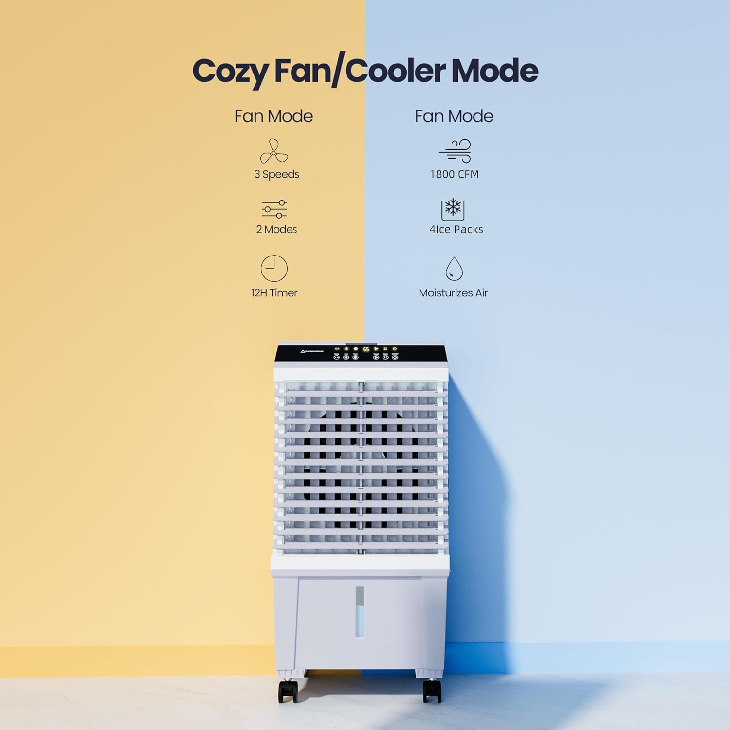 1800CFM Evaporative Air Cooler, Portable Swamp Cooler with Remote Control, 12H Timer, 120°Swing,4 Ice Boxes, 5.3 Gal Water Tank, 2 Modes,3 Speeds for Indoor Room Use(31")