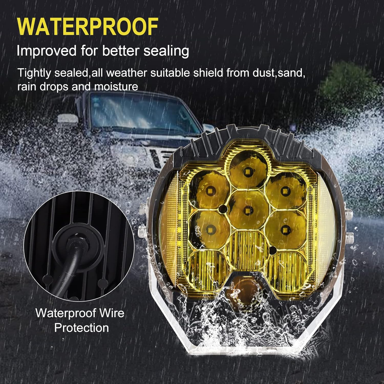 JoaSinc 7 Inch 90W Side Shooter Led Light Pod LED Light Bar Yellow Lens Combo Spot Flood Off Road Amber Fog Lights Driving Lamp IP67 Waterproof for Truck SUV ATV Car Boat