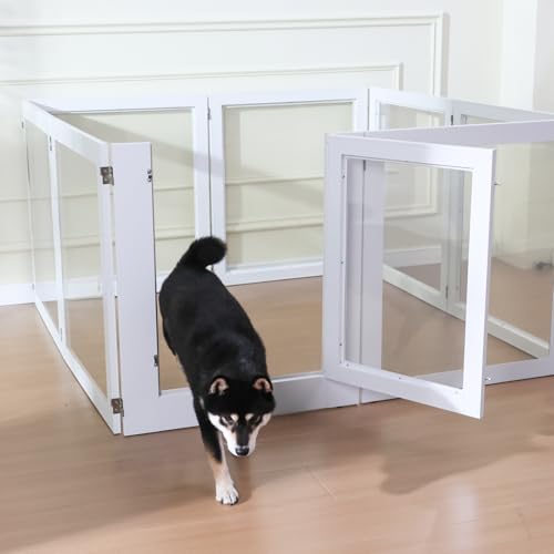 Heavy Duty Clear Acrylic Dog Playpen, Transparent Pet Pen, Metal Frame Easy Assemble Kennel Enclosure, Ideal for Small to Medium Dogs, Cats, and Other Small Pets (White, 6 Panels with Door)
