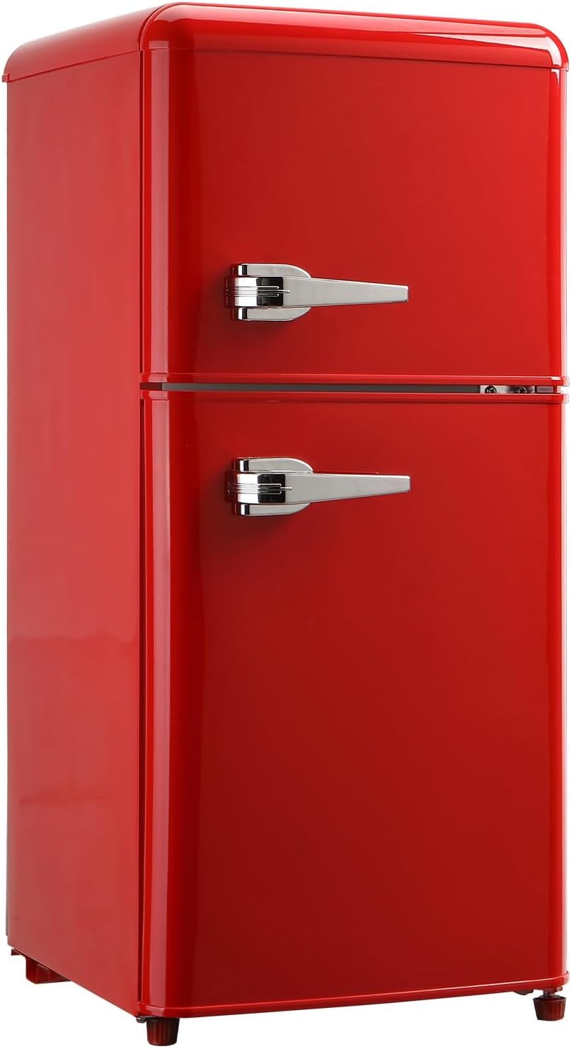 Mini Refrigerator with Freezer 3.5 Cu.Ft, Mini Fridge with 7 Settings Temperature, Adjustable Shelves, 2 Doors, Low Noise, Mini Refrigerator for Apartment, Bedroom, Office, Dorm Red