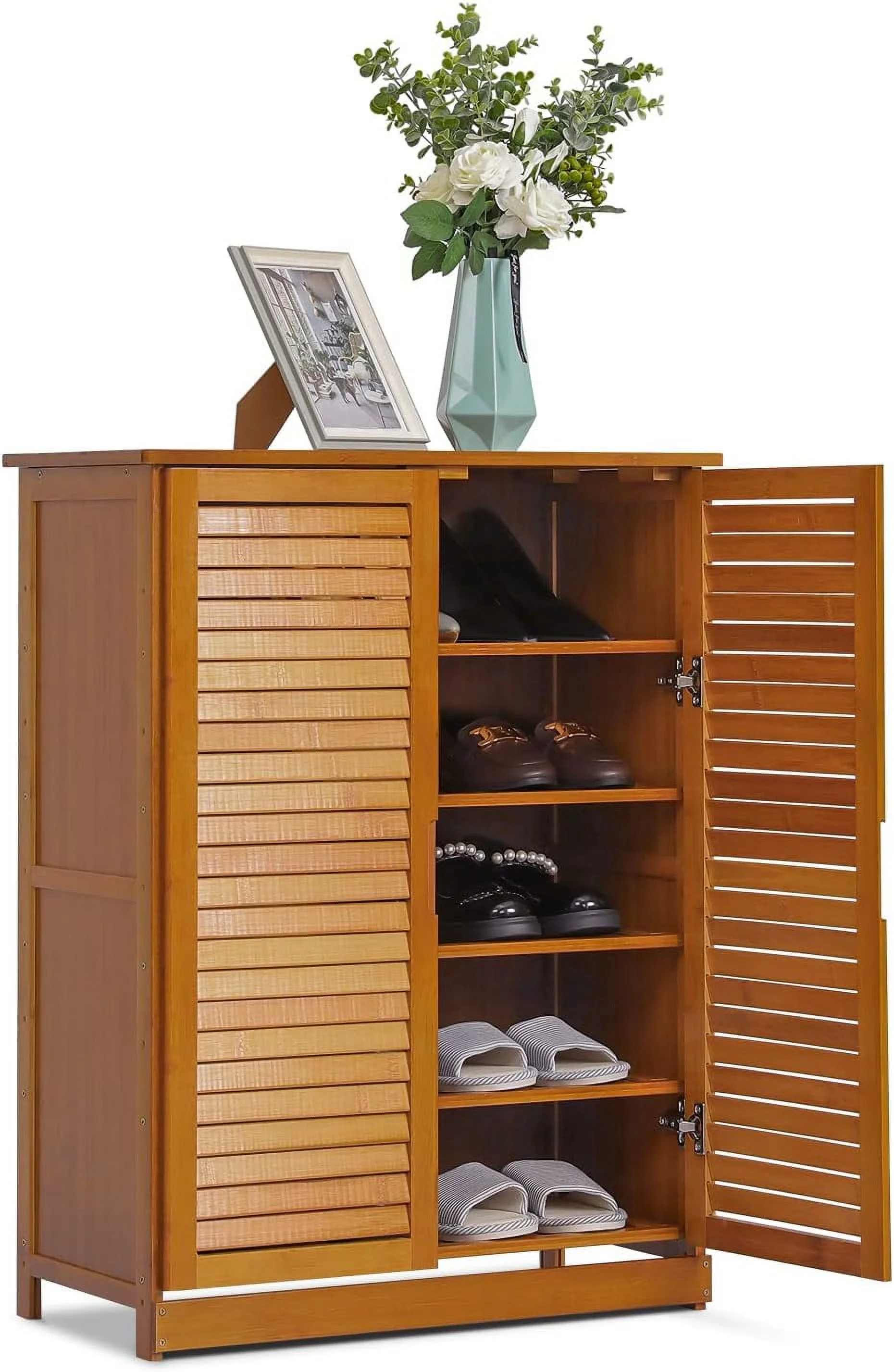 5 Tier Shoe Storage Cabinet With Shutter Doors, Bamboo Shoe Floor Storage Organizer Rack For 11-15 Pairs Entryway Hallway Mudroom, Brown