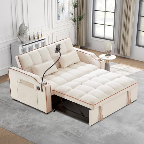 Convertible Sleeper Sofa Bed, 3 in 1 Velvet Pull Out Loveseat Couch Modern Comfy Futon Sofa with Adjustable Backrest & Phone Holder & USB Charging Space Saving for Living Room, Small Apartment, Grey