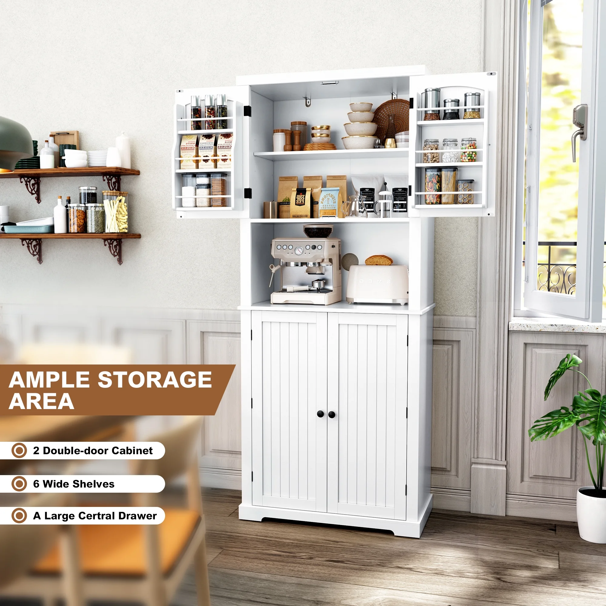 HLR 72" Kitchen Pantry Storage Cabinet, White Kitchen Hutch Cabinet with Microwave Stand, Freestanding Larder Cupboard，Utility Pantry with Doors and Shelves for Dining Room, Living Room, Laundry