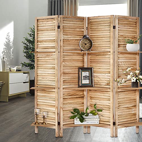 Room Divider with Shelves, Privacy Screen, Room Dividers and Folding Privacy Screens, 5 Panel Wood Temporary Wall Partition Separation Separator, Coconut