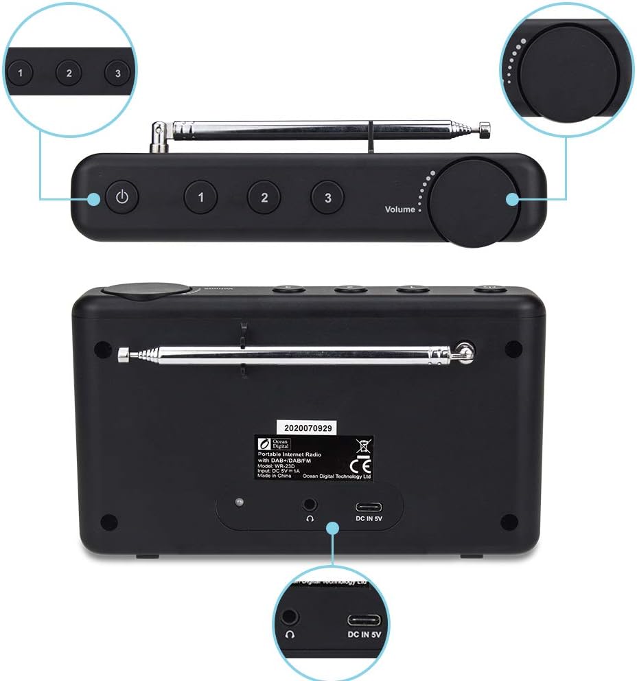 Ocean Digital WR-23D Portable FM Internet Radio 2.4” Color LCD Built-in Battery Wi-Fi Bluetooth UPnP & DLNA Player (Black) Pack of 2