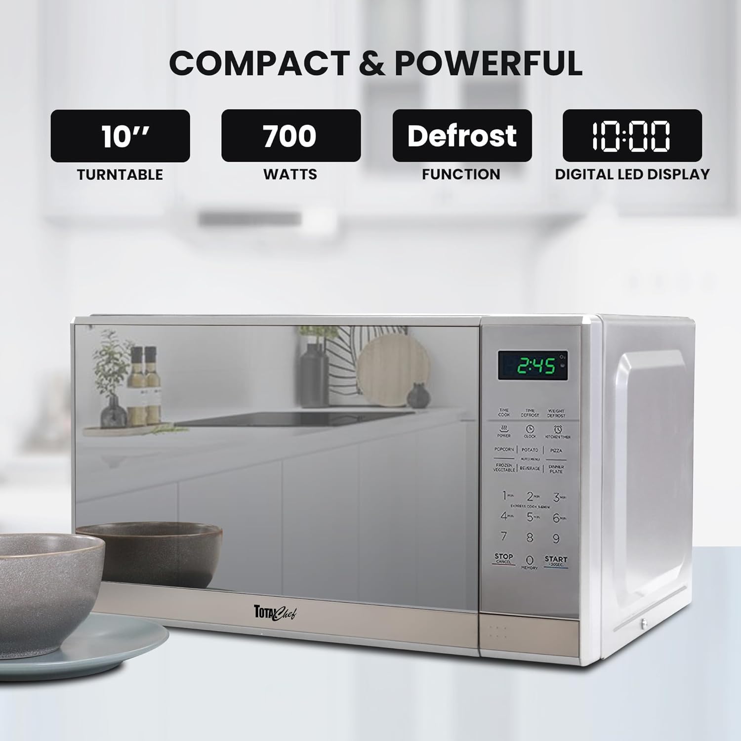 Total Chef Compact Countertop Microwave Oven, 700W, 0.7 Cubic Feet Capacity, Digital Touchscreen Controls, One-Touch Push-Button Opening, 6 Pre-Set Cooking Modes, Silver Stainless Steel