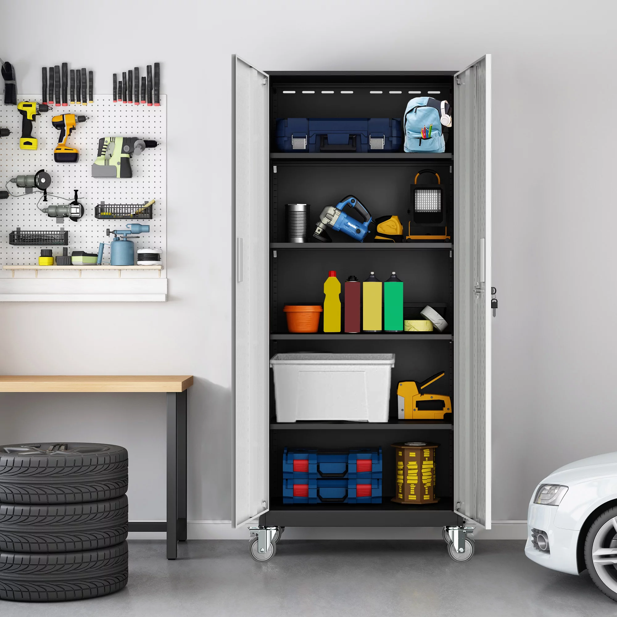Tall Metal Storage Garage Cabinets with Wheels Locking Doors and 4 Adjustable Shelves, Double Handles, Steel Storage Cabinet for Garage, Office, Bedroom,Classroom, School,Gym (Gray with Pulleys)
