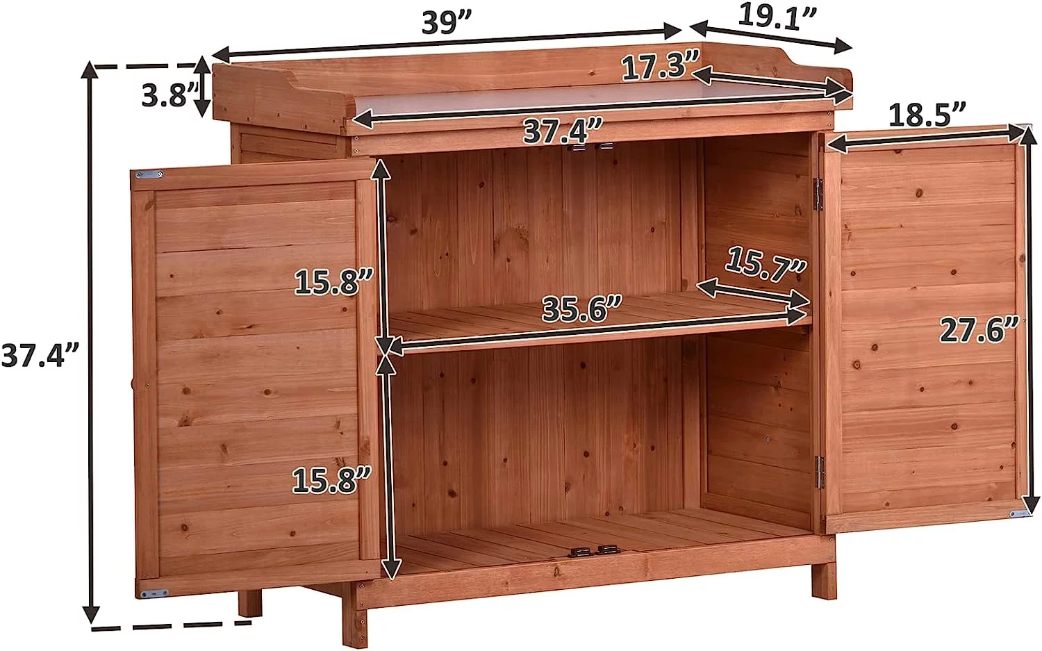 Outdoor Storage Shed with Floor, Waterproof Wooden Storage Cabinet, Tool Shed with Potting Benches, Rustic Wooden Garden Shed Organizer with Shelves and Hooks, Fir Wood (Orange)