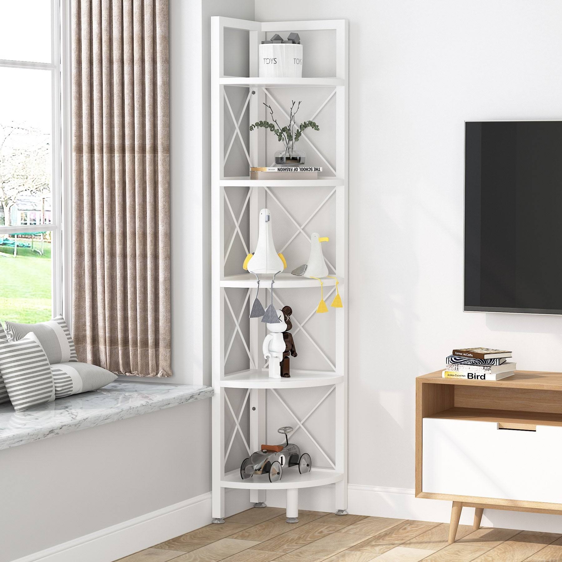 5-Tier Corner Shelves, 5 Shelf Corner Bookshelf and Bookcase - Black