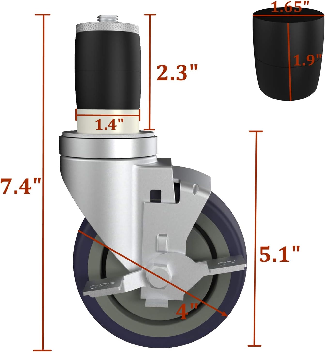 MySit 4 inch Work Table Caster Wheels for Commercial Kitchen Prep Tables, Expanding Stem Casters Set of 4 with Locking Brakes Fit Both 1-1/2 and 1-5/8 Leg Tube Adapter for Stainless Steel Worktable