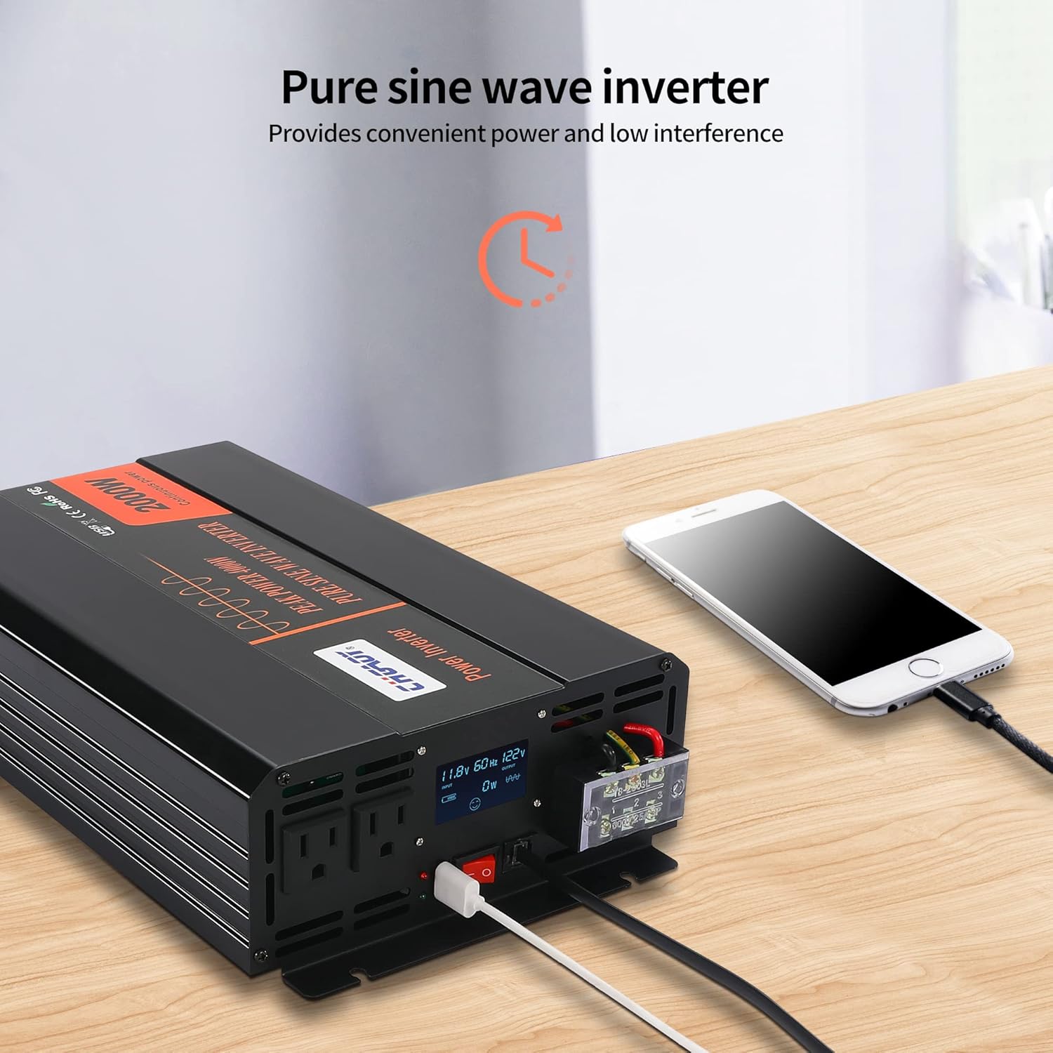 Power Inverter, 2000W Pure Sine Wave Inverter DC 12V to AC 120V Car Inverter with LCD Digital Display Remote Control USB Port Power Converter for Travel/Camping