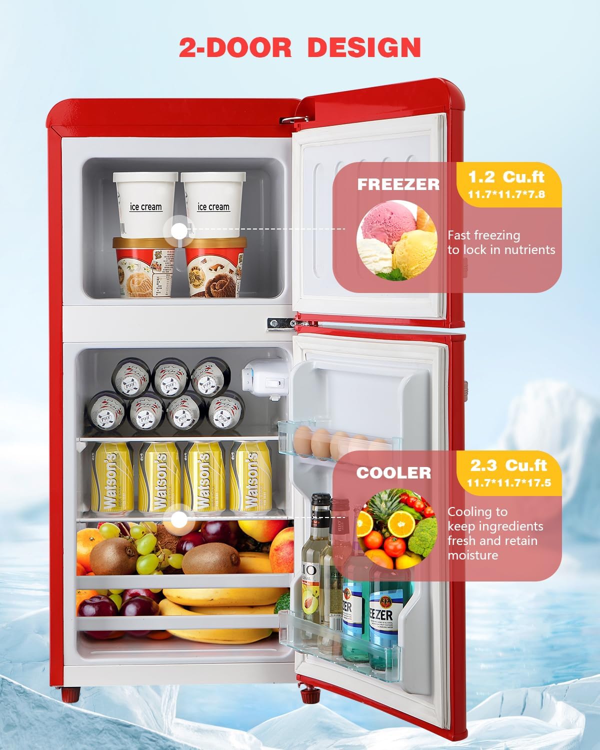 3.5 Cu.Ft Compact Refrigerator, Retro Fridge with Dual Door, Small Refrigerator with freezer,7 Level Adjustable Thermostat for Garage, Dorm,Bedroom, Office, Apartment-Red