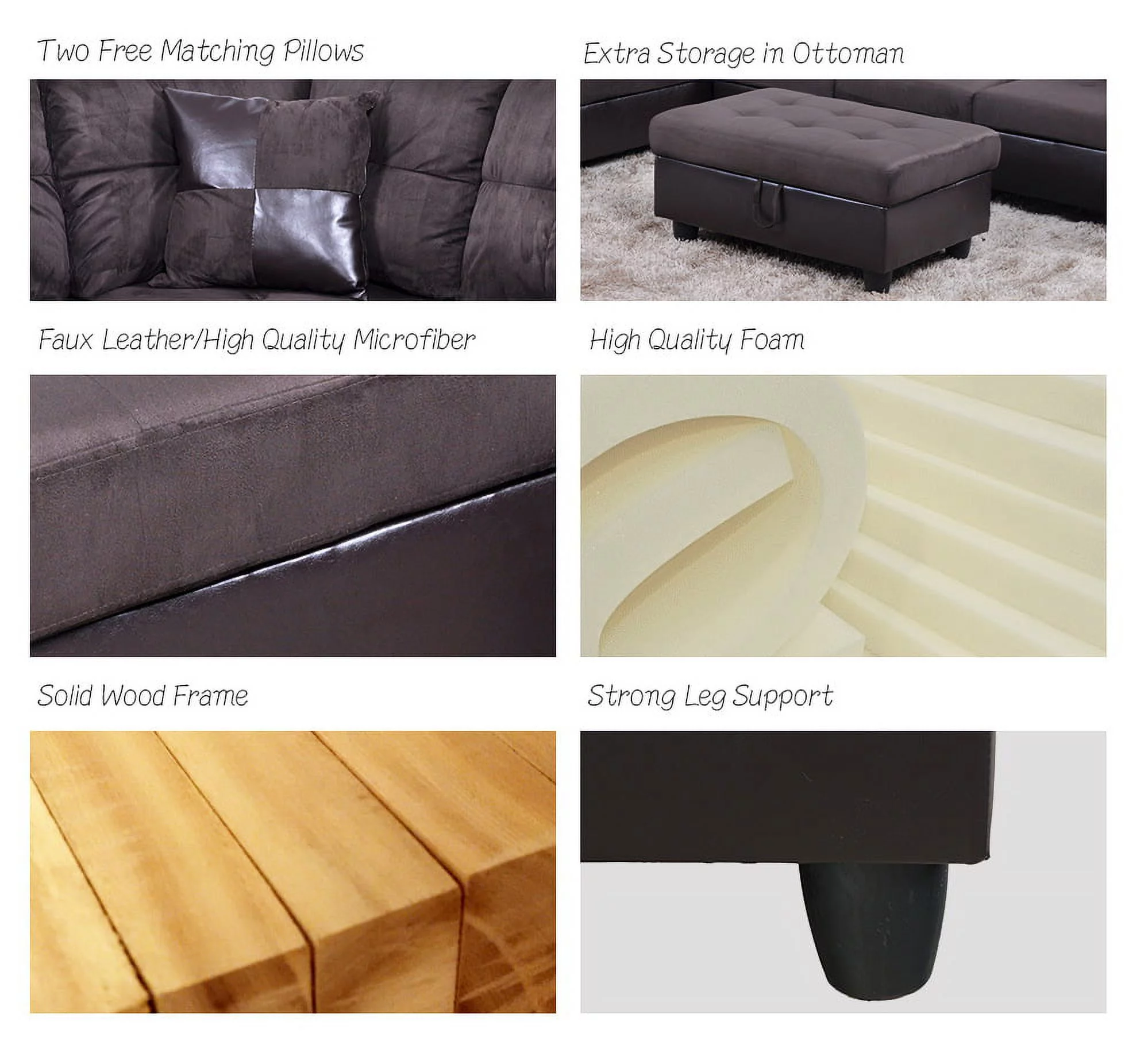 PonLiving Furniture Ezekiel 103.5'' Right & Left Hand Facing Sectional Sofa with Storage Ottoman, Microfiber & Leather Upholstered