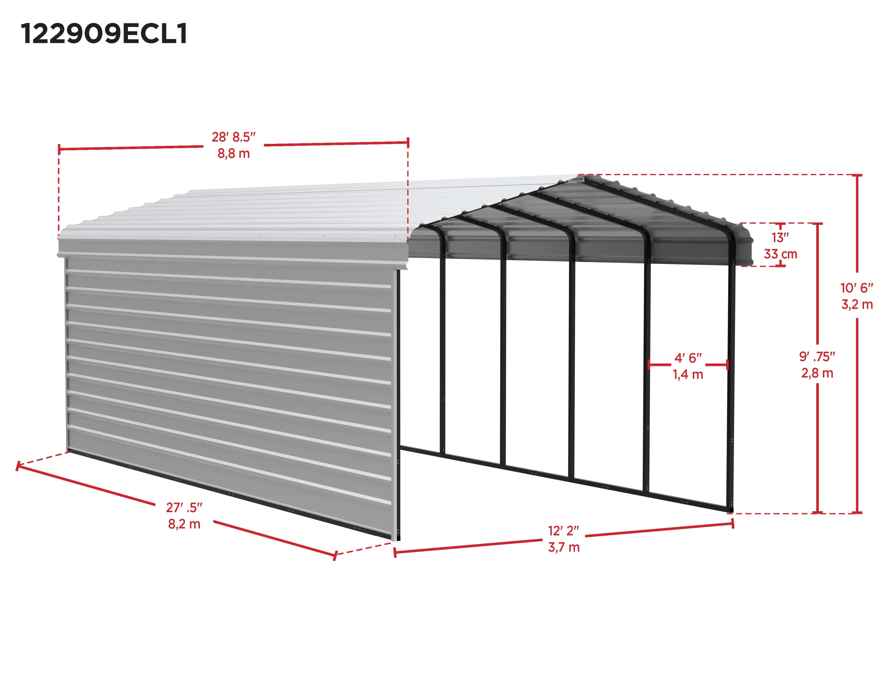 Arrow Carports Galvanized Steel Carport, with 1-Sided Enclosure, Compact Car Metal Carport Kit, 12' x 29' x 9' , Charcoal