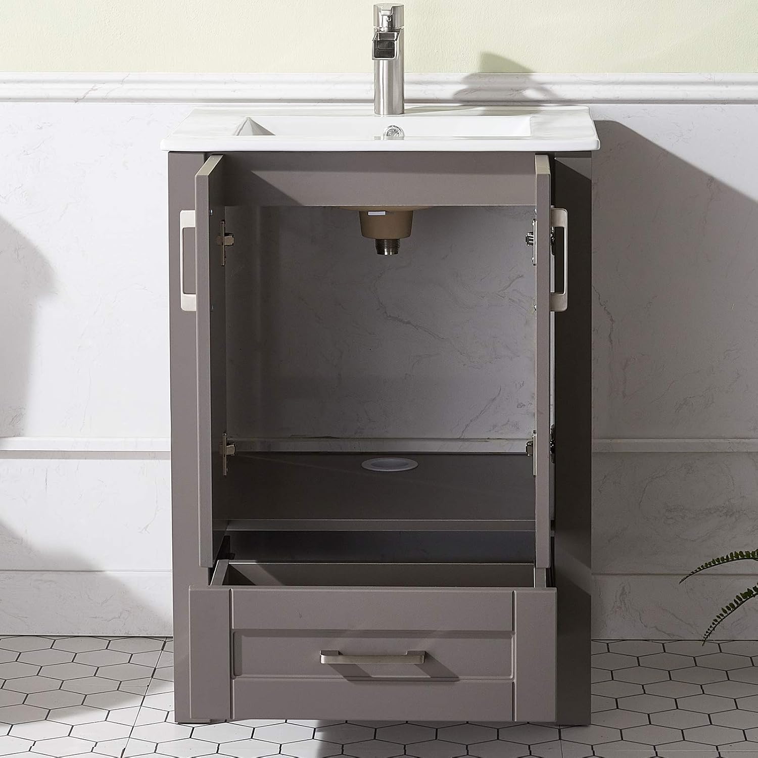 Bathroom Vanity with Sink, 24 Inch Small Bathroom Cabinet Set Combo 2 Doors Grey, Wood Storage Cabinet with Single Hole Undermount Ceramic Sink