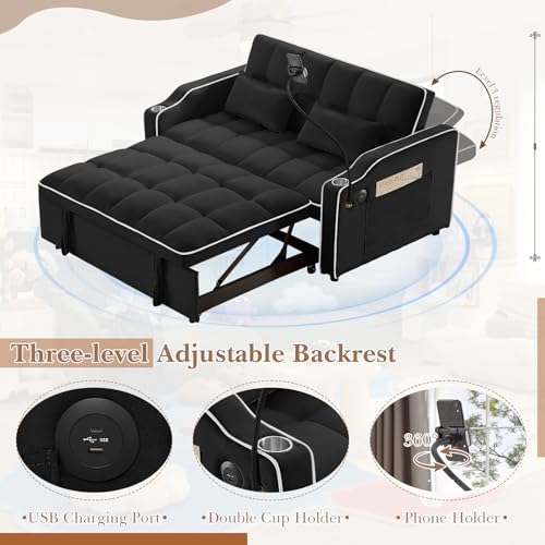 Convertible Sleeper Sofa Bed, 3 in 1 Velvet Pull Out Loveseat Couch Modern Comfy Futon Sofa with Adjustable Backrest & Phone Holder & USB Charging Space Saving for Living Room, Small Apartment, Grey