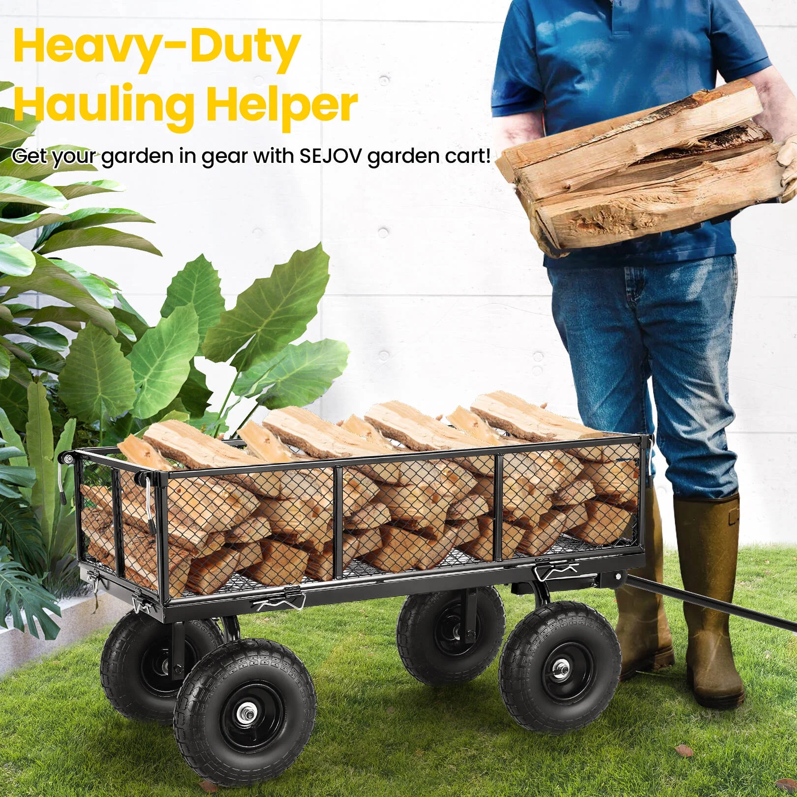 Funcid Steel Garden Cart, Heavy Duty 660 LBS Capacity, with Removable Mesh Sides to Convert into Flatbed, Utility Metal Wagon with 180° Rotating Handle and 10" Tires, Perfect for Garden, Farm, Yard