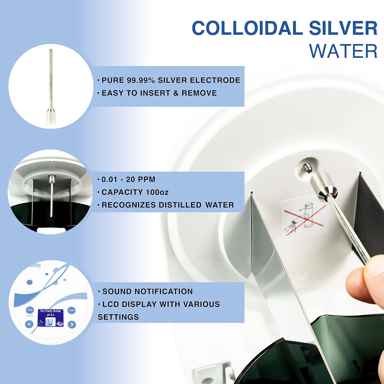 | 3 in 1 Water Ionizer | Alkaline Water Machine | Colloidal Silver Generator Kit | Alkaline Pitcher: PH 2.4-11, up to -1000mV ORP | Silver: 0-20 PPM, Silver Rods 9999 Pure | Acidic Water
