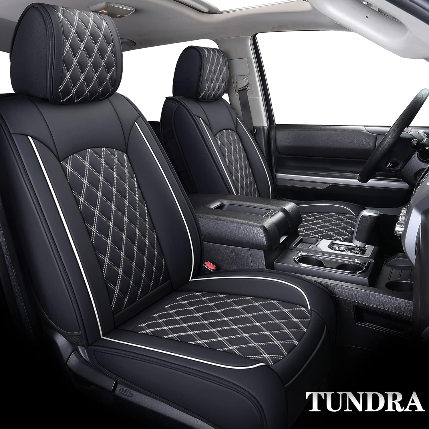 YIERTAI Seat Covers for Toyota Tundra Truck Custom Fit 2008-2022 Crewmax Double Cab Crew Cab Waterproof Leather Airbag Compatible Cushions(2 PCS Front only/Black-White)