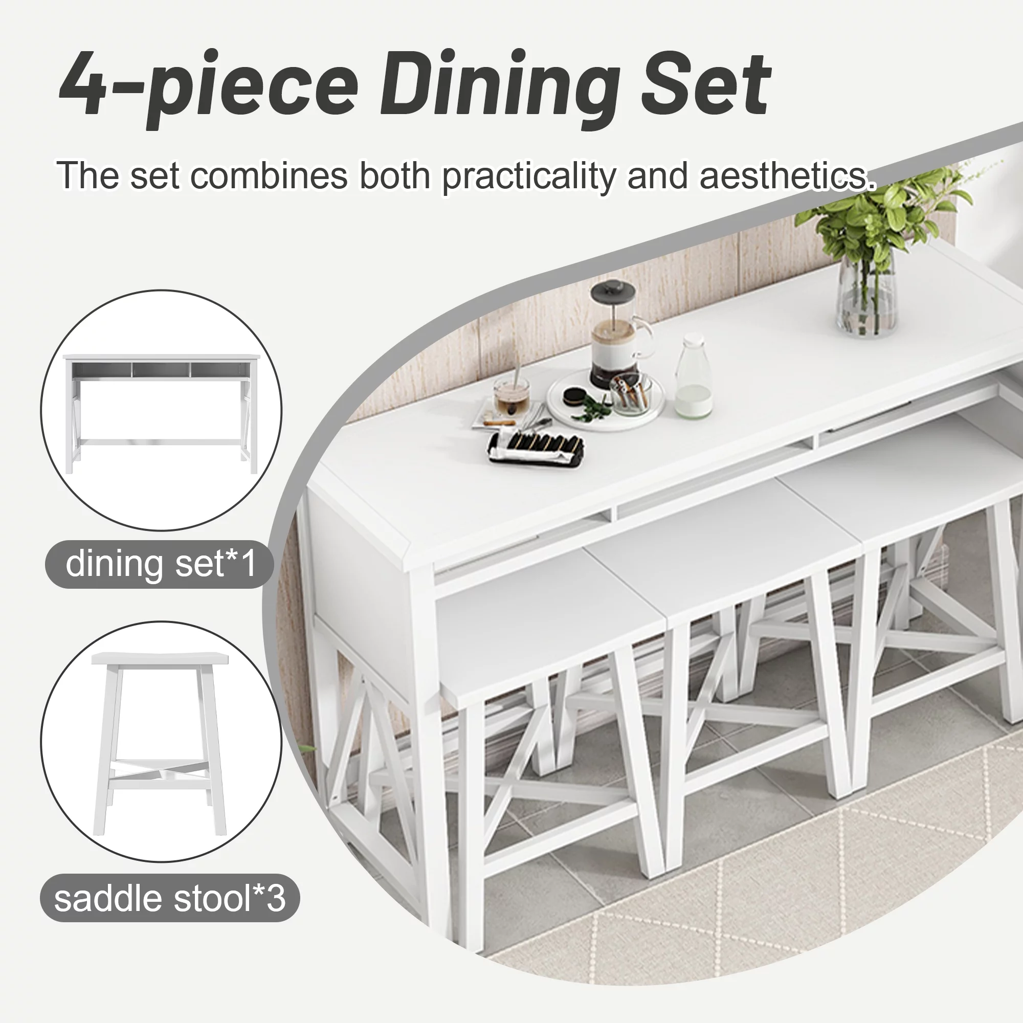 4-Piece Bar Table with Stools, Farmhouse Pub Table Set, Counter Height Dining Table Set with Functional Storage, 60” Kitchen Bar Table with 3 Stools for Small Space, White
