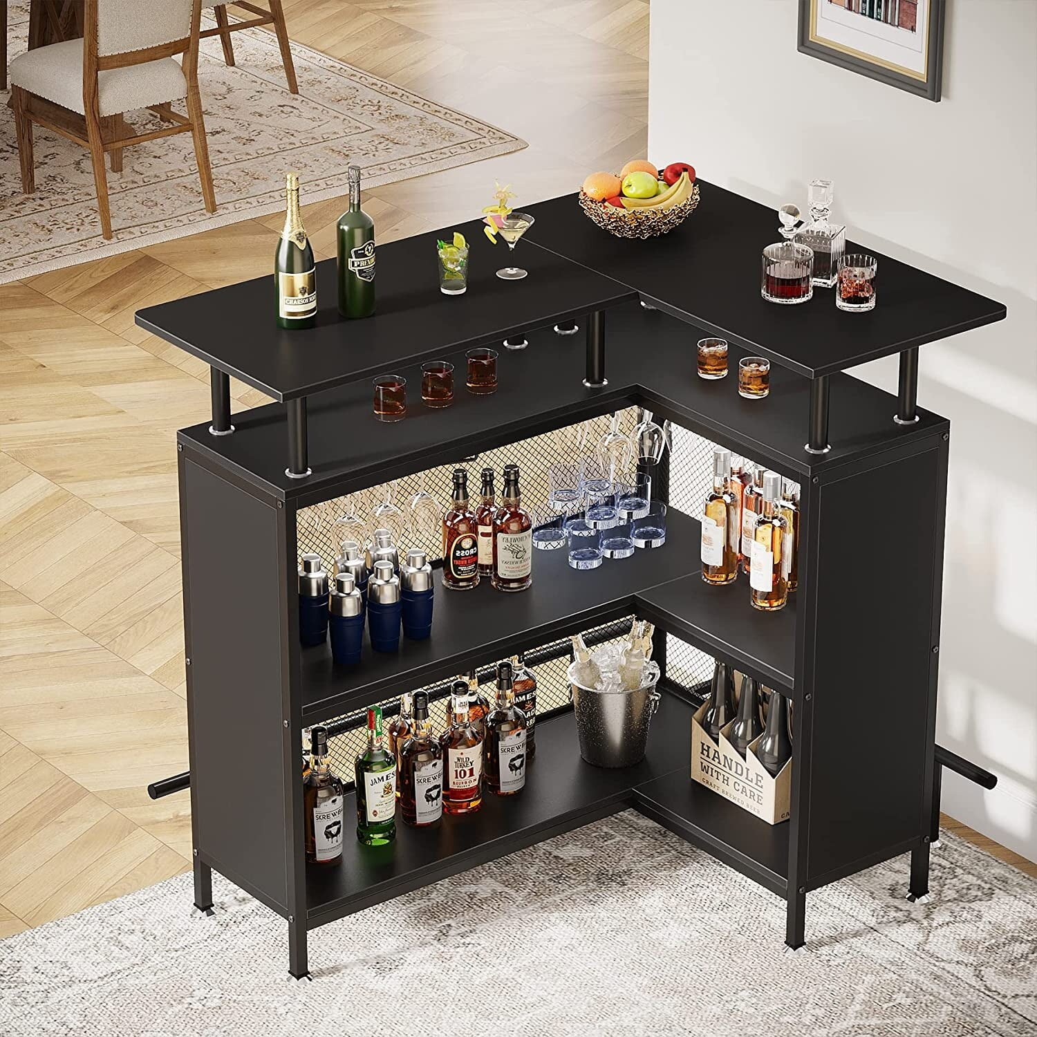 L-shape Home Bar Unit, Liquor Bar Table with 2-Tier Storage - N/A Black