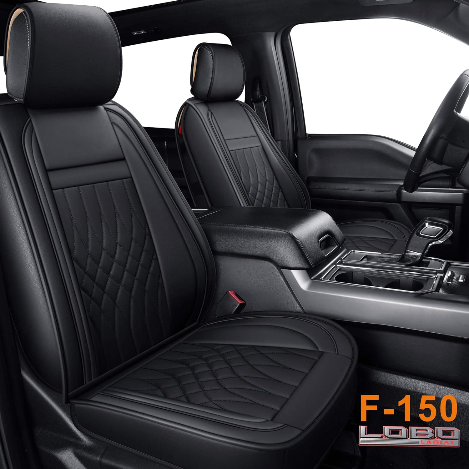 Front and Back Seat Covers fit for F-150 F150 Crew Cab from 2015 to 2020 and fit for F250 F350 F450 Crew Cab from 2017 to 2020 with Faux Leather (Black & Red Full Set)