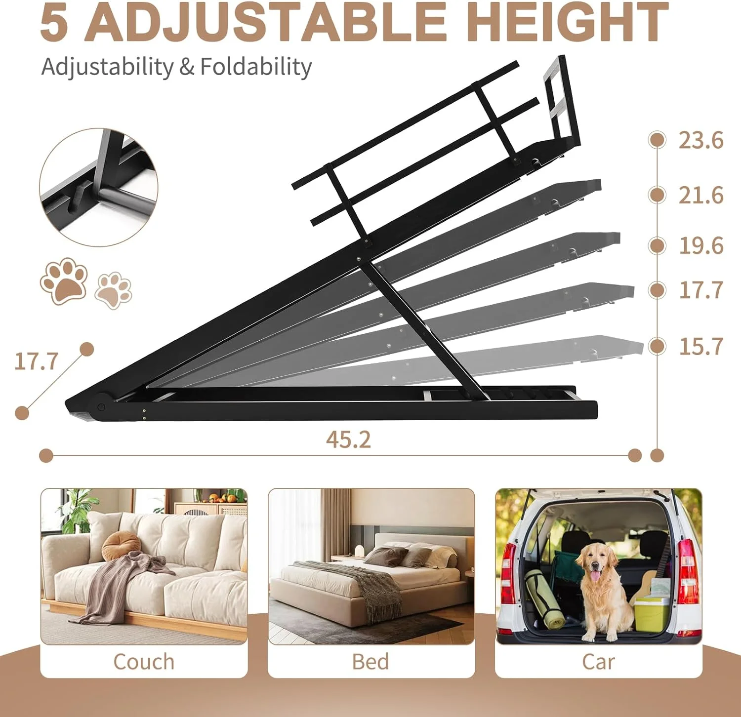 Slsy Dog Ramp with Side Rails, 5 Level Adjustable 15.7'' to 23.6'', Folding Pet Ramp for Middle Bed, Couch,SUV, for Small & Large Old Dogs & Cats,Supports up to 200 lbs, 45.2" Long