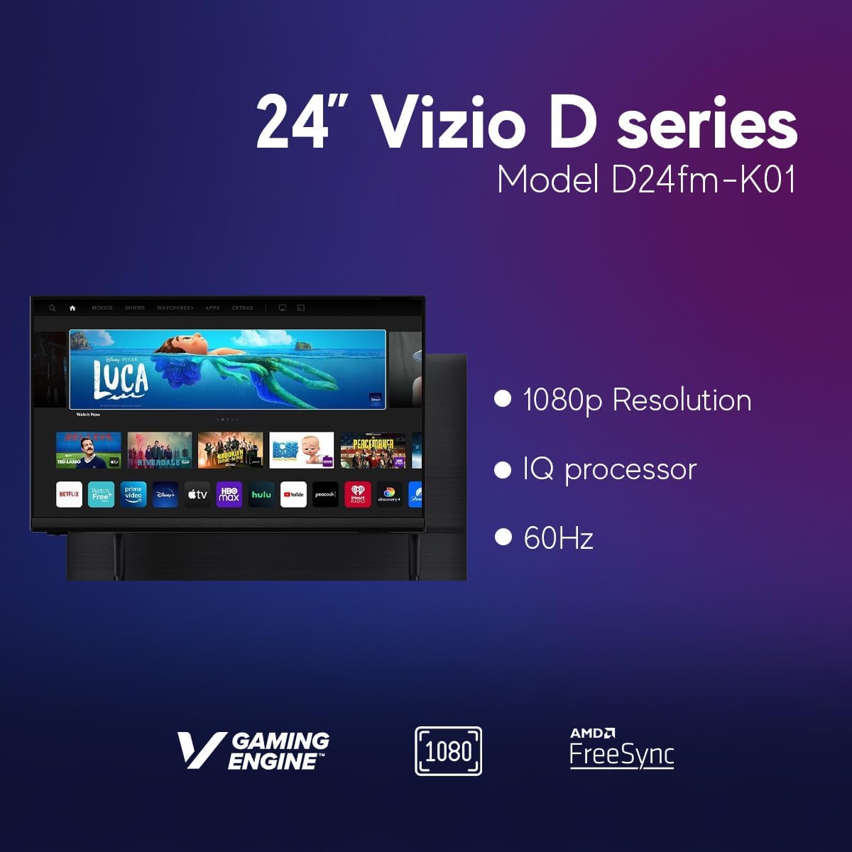 VIZIO 24in 1080p Class D-Series FHD LED Smart TV for Gaming and Streaming, Bluetooth Headphone Capable - D24fM-K01 (Renewed)