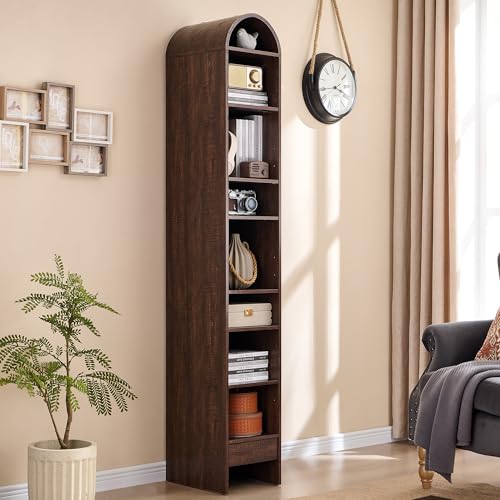 71" Tall Arched Bookshelf, 7 Tiers Arch Bookcase with Storage, Modern Farmhouse Book Shelf with Adjustable Shelves, Wood Bookshelf w/Open Display Shelves for Living Room, Office (Natural)