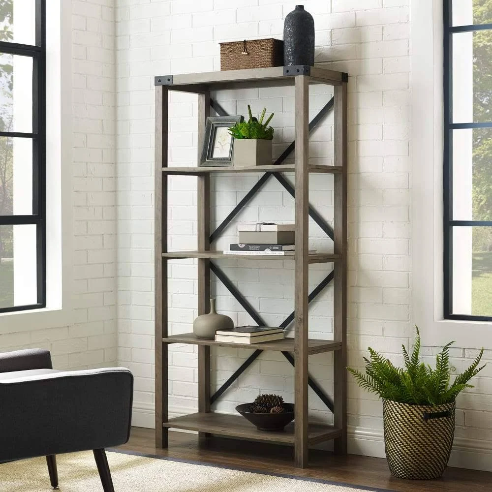 Walker Edison 64x22 Farmhouse Metal Bookcase - Dark Walnut