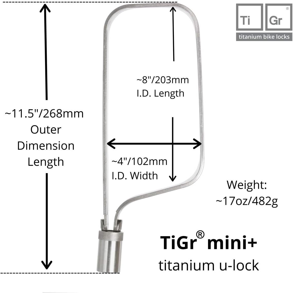 TiGr Mini+ Titanium Bike Locks. This Bicycle U Lock with Mounting Clip is Heavy Duty, Lightweight & High Security. Features Disc-Style U-Locks with 2 Keys (4"/102mm Wide, 8"/203mm Long)